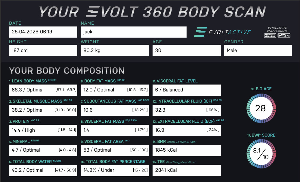 An Evolt 360 body scan report showing full body composition results
