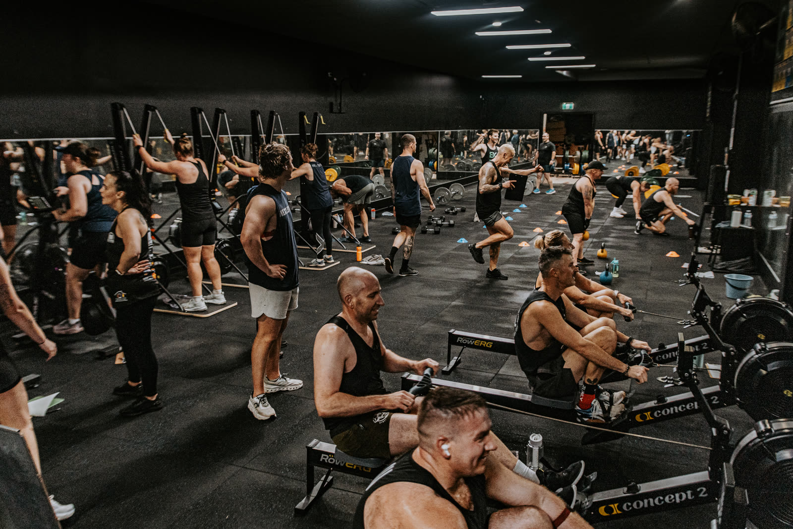 A busy group fitness class in the Next Level studio