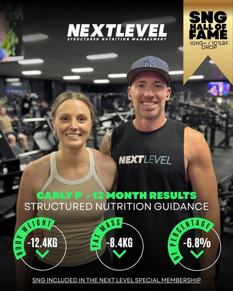 Carly P, 12 month results: -12.4kg body weight, -8.4kg fat mass, -6.8% body fat