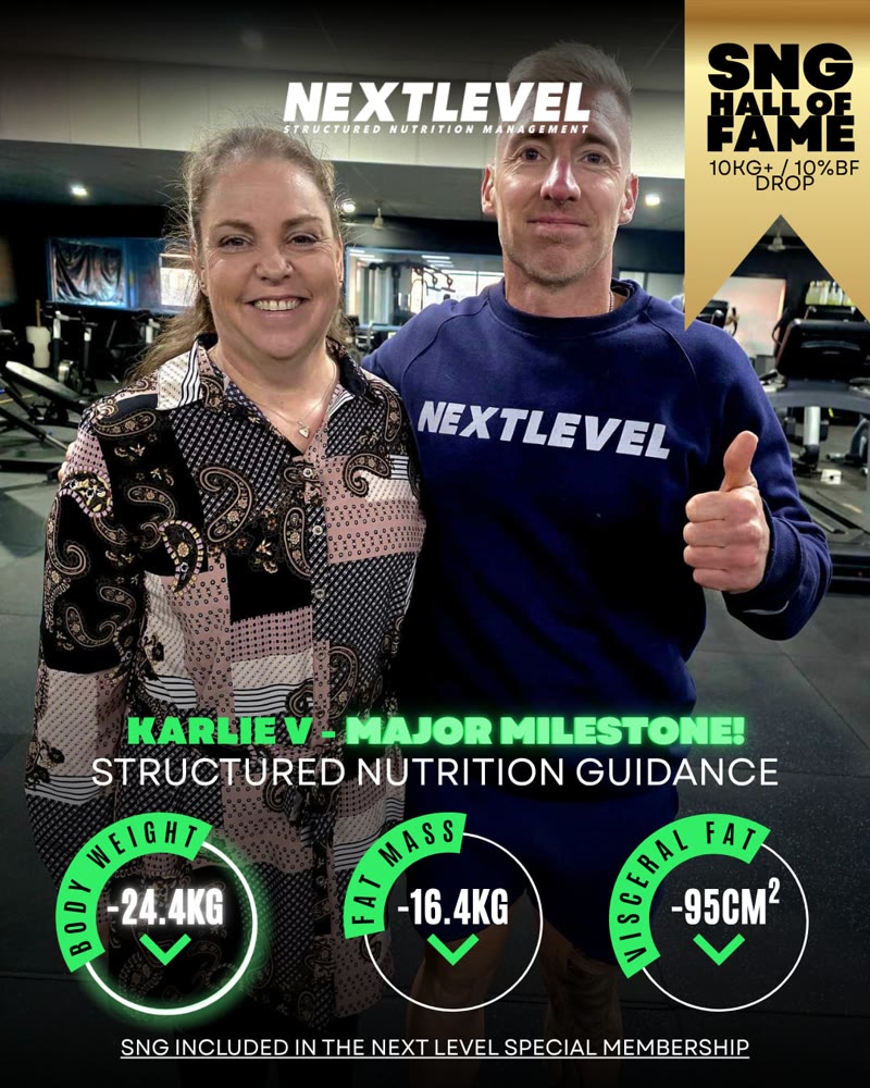 Karlie V, major milestone: -24.4kg body weight, -16.4kg fat mass, -95cm2 visceral fat