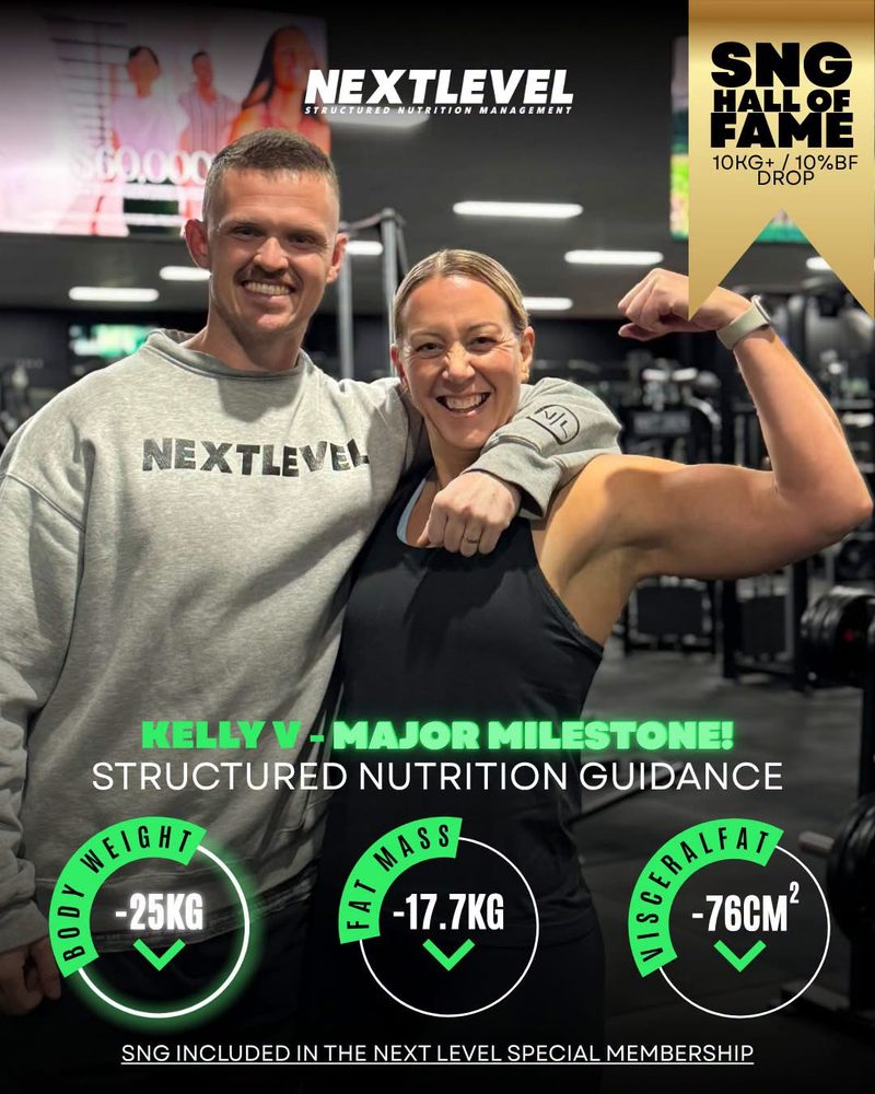 Kelly V, major milestone: -25kg body weight, -17.7kg fat mass, -76cm2 visceral fat