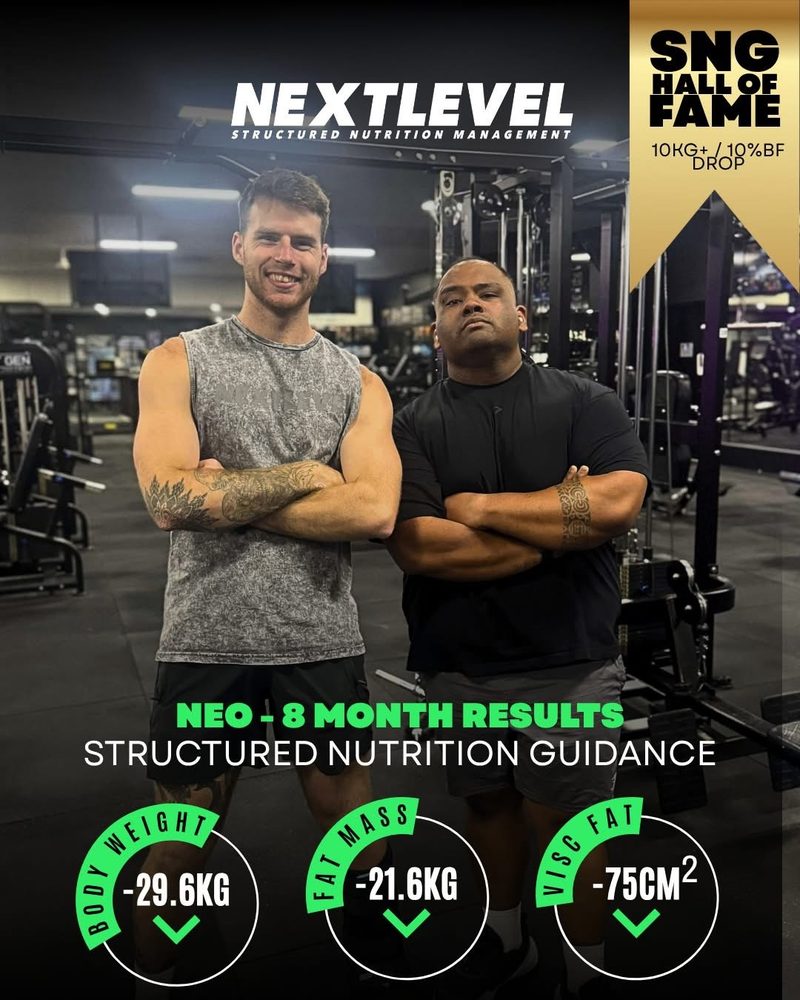 Neo, 8 month results: -29.6kg body weight, -21.6kg fat mass, -75cm2 visceral fat