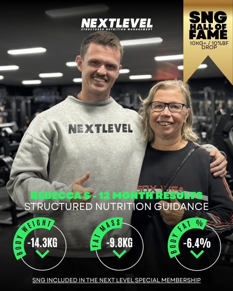 Rebecca S, 12 month results: -14.3kg body weight, -9.8kg fat mass, -6.4% body fat