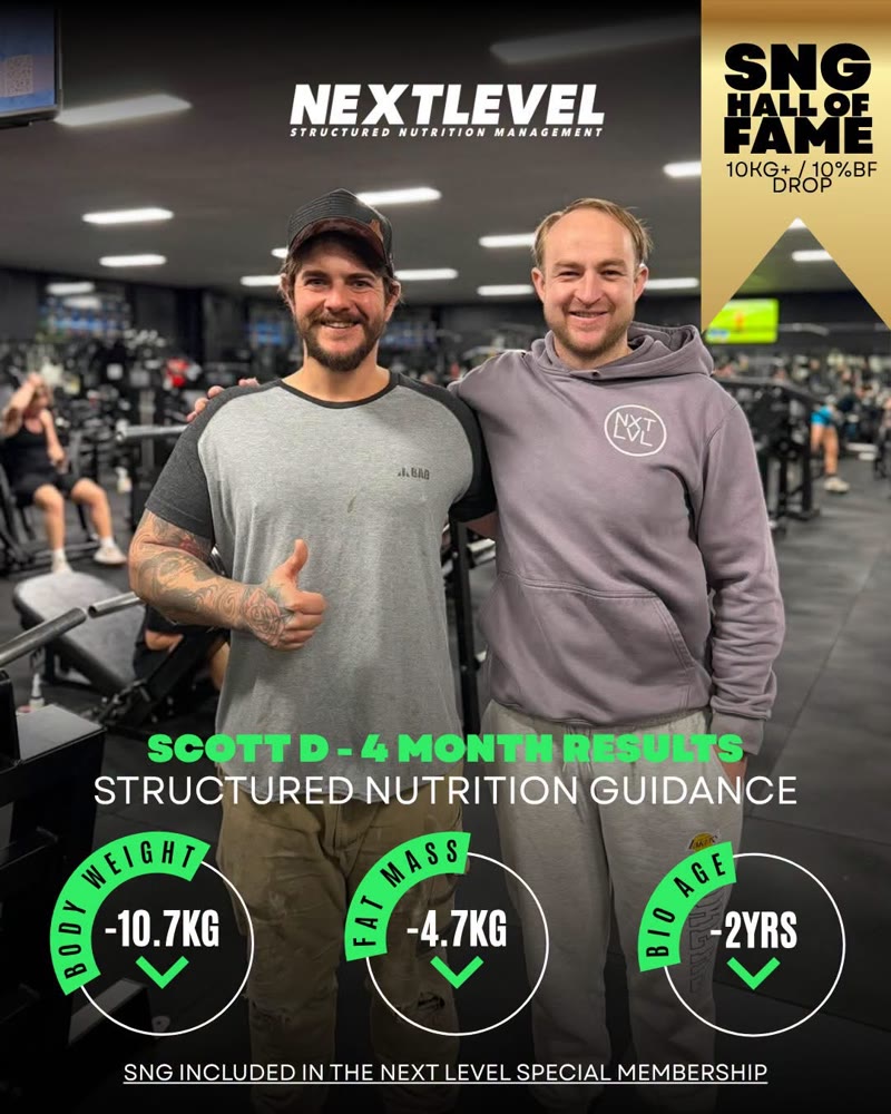 Scott D, 4 month results: -10.7kg body weight, -4.7kg fat mass, 2 years off biological age
