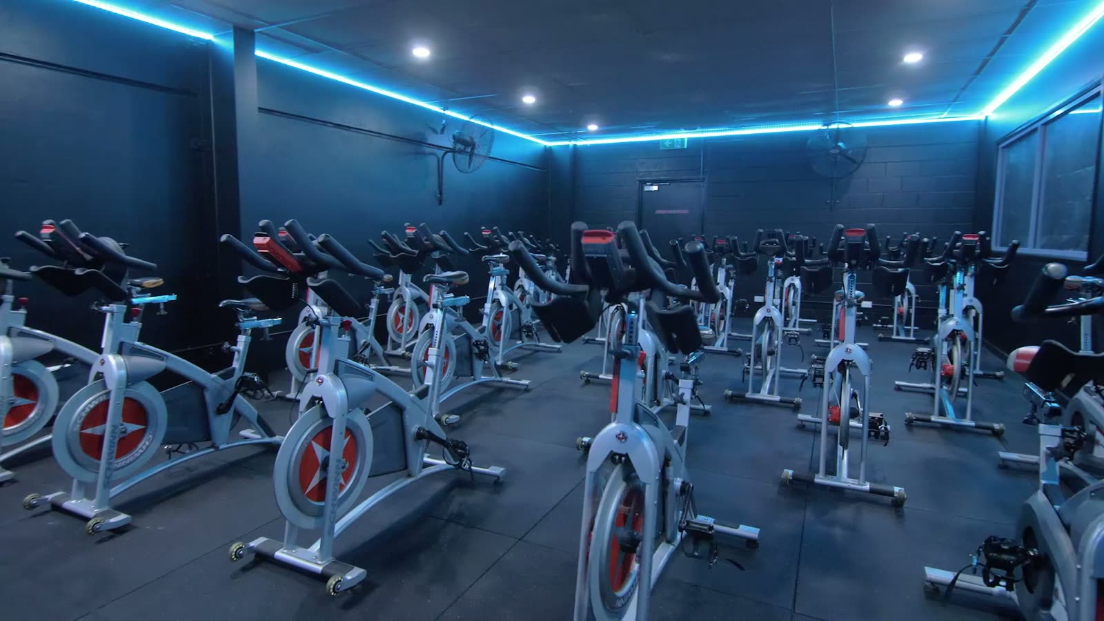 Bikes lined up ready for a spin class